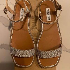 Steve Madden silver and tan rhinestone sandals.